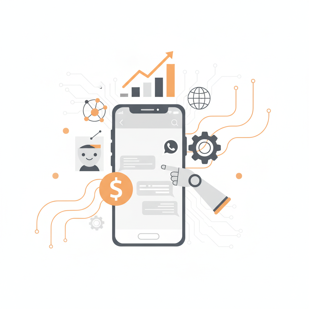 Ilustração de smartphone com ícone do WhatsApp, gráficos de crescimento, símbolo de dólar e robô.
